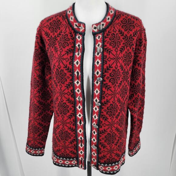 LL Bean Cardigan Womens Medium Merino Wool Red Black Snowflake Sweater Vintage - Picture 5 of 12